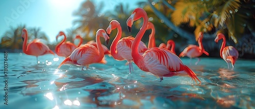 Pink flamingos stand in water under blue sky in a flamboyant colony. Concept Wildlife, Nature, Flamingos, Tropical, Scenic Views