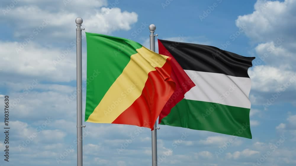 Palestine and Gaza Strip and Republic of the Congo two flags waving together on blue sky, looped video Palestine and Gaza Strip and Republic of the Congo two flags waving together on blue sky, looped video