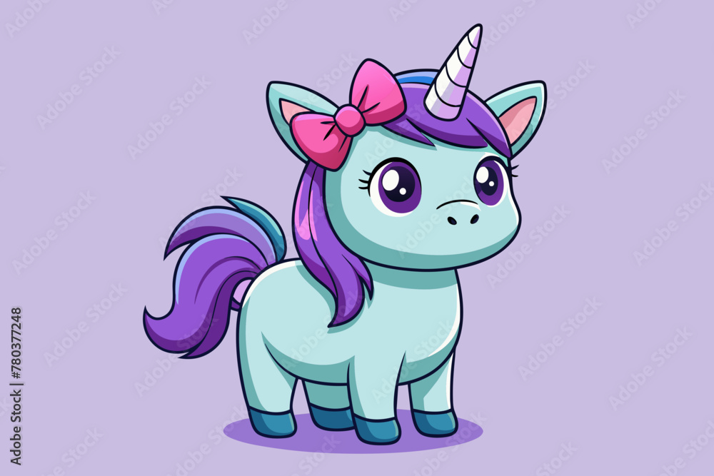 ront-view, caricature, cartoon, a cute unicorn with a purple bow,feet sharp sketch