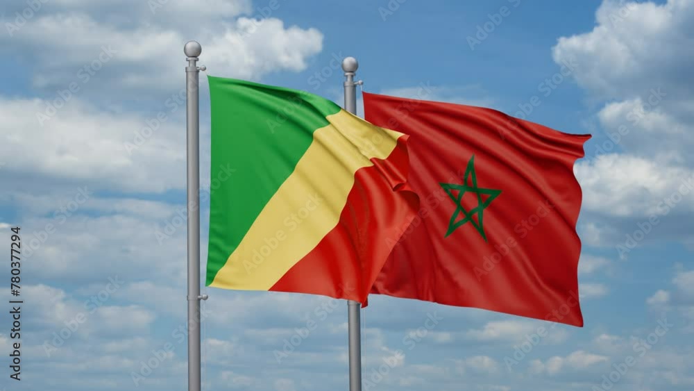Morocco and Republic of the Congo two flags waving together, looped video, two country relations concept Morocco and Republic of the Congo two flags waving together, looped video, two country relations concept