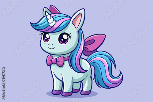 ront-view, caricature, cartoon, a cute unicorn with a purple bow,feet sharp sketch
