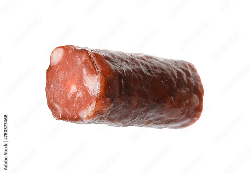 Piece of thin dry smoked sausage isolated on white Piece of thin dry smoked sausage isolated on white
