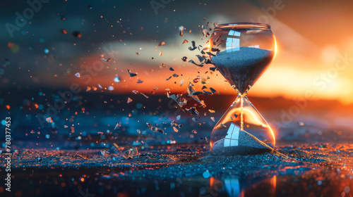 Sand runs through the hourglass bulbs, measuring elapsed time against an abstract dark, shiny background. Copy space. Time counting concept. photo