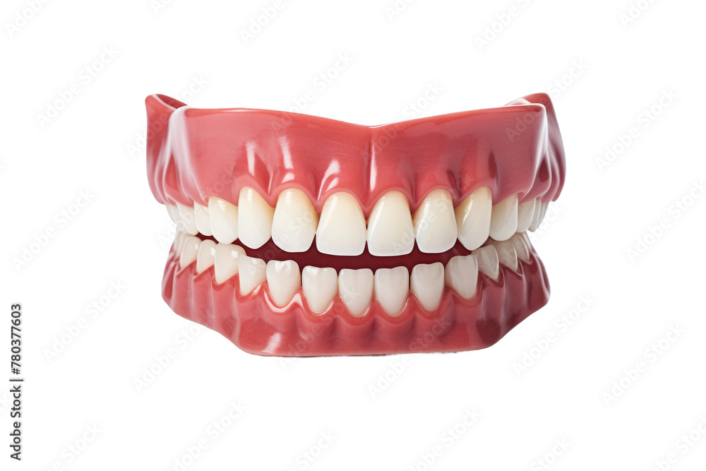 Obraz premium Plastic Mouth With White Teeth on White Background. On a White or Clear Surface PNG Transparent Background.