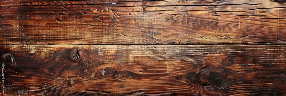 Dark brown wooden background with a rough texture and old wood grain, top view. Wooden table or floor . beige wood plank. Vintage wood wall banner for design,	banner