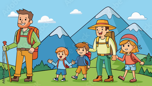 hiking father mother and children vector illustration