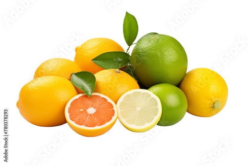 Assorted Lemons, Limes, and Grapefruit on White Surface. On a White or Clear Surface PNG Transparent Background.
