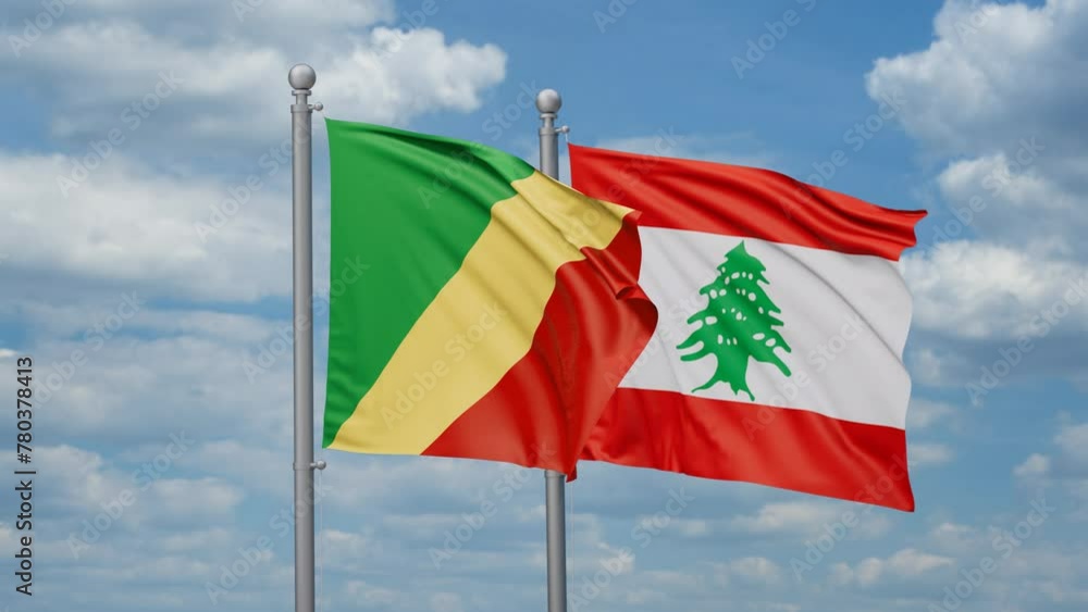 Lebanon and Republic of the Congo two flags waving together, looped video, two country cooperation concept Lebanon and Republic of the Congo two flags waving together, looped video, two country cooperation concept