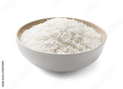 Raw basmati rice in bowl isolated on white