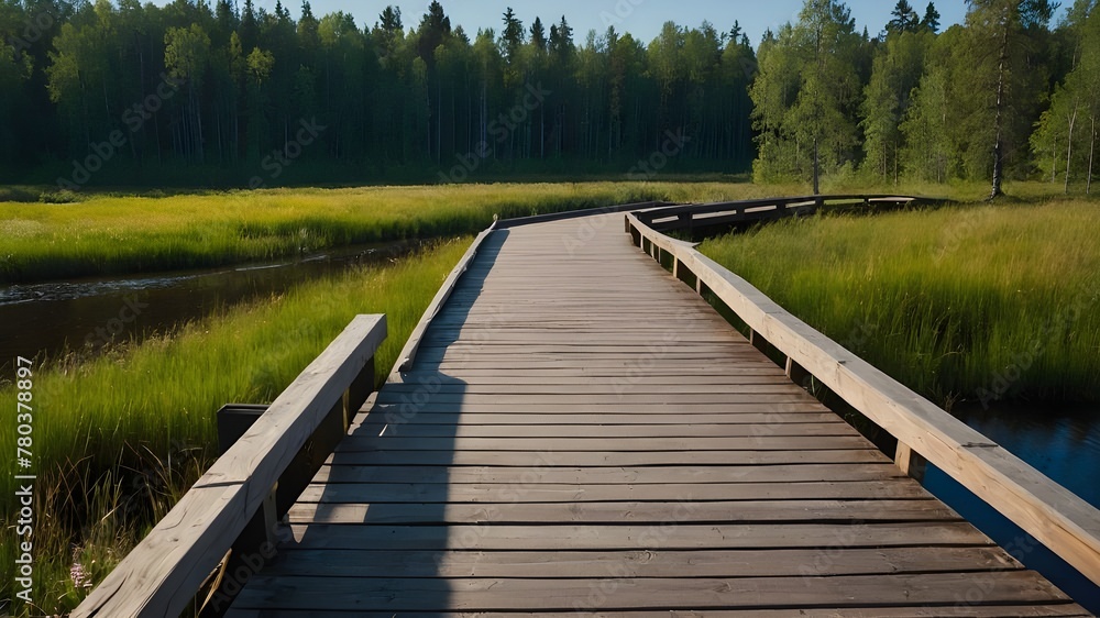 Obraz premium Wooden Piers and Bridges Amidst Nature's Landscape Under the Summer Sky.