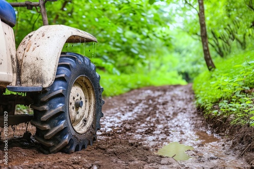 A vehicle's tire splashes mud as it explores the muddy terrain of an off-road trail in a green forest. Rugged terrain. Soggy soil, wet ground. Environmental awareness. Off-road. Jeep. A wheel. Dirt