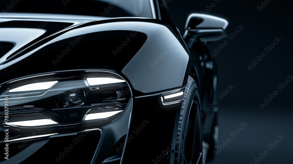 A Close-up Of The Front Headlight Of A Black Car. A Close-up Of The Front Headlight Of A Black Car.