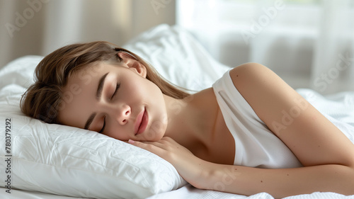 Sleeping young caucasian woman on a bed with peaceful face expression
