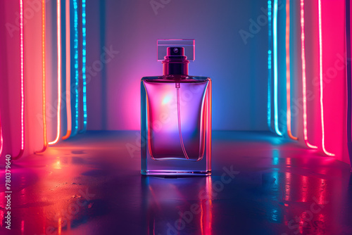 Glass perfume bottle situated in a studio illuminated by different colored neon lights  © Mathias