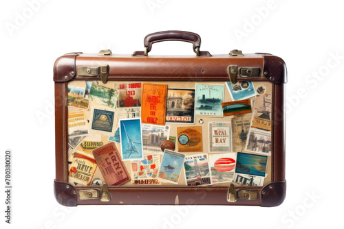 Travelers Luggage Covered in Stamps. On a White or Clear Surface PNG Transparent Background.