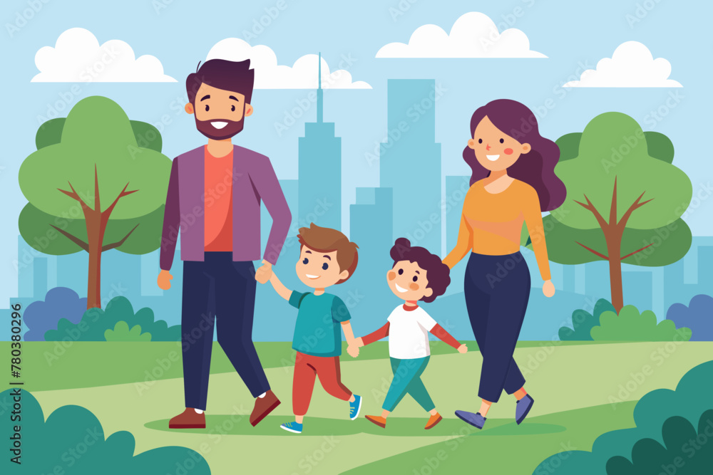 happy family walks vector illustration happy family walks vector illustration