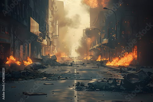 A burned city street with no life generative ai apocalyptic scene photo
