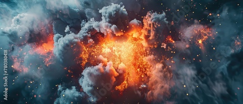 bright explosion fire burst on smoke background,A massive, intense explosion illuminates an open landscape, with flames and sparks soaring into a stormy sky,Orange burning explosion on the background 