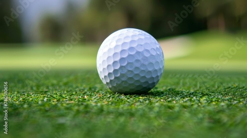 Golf ball on green turf with close-up of dimples and macro texture in a sport setting