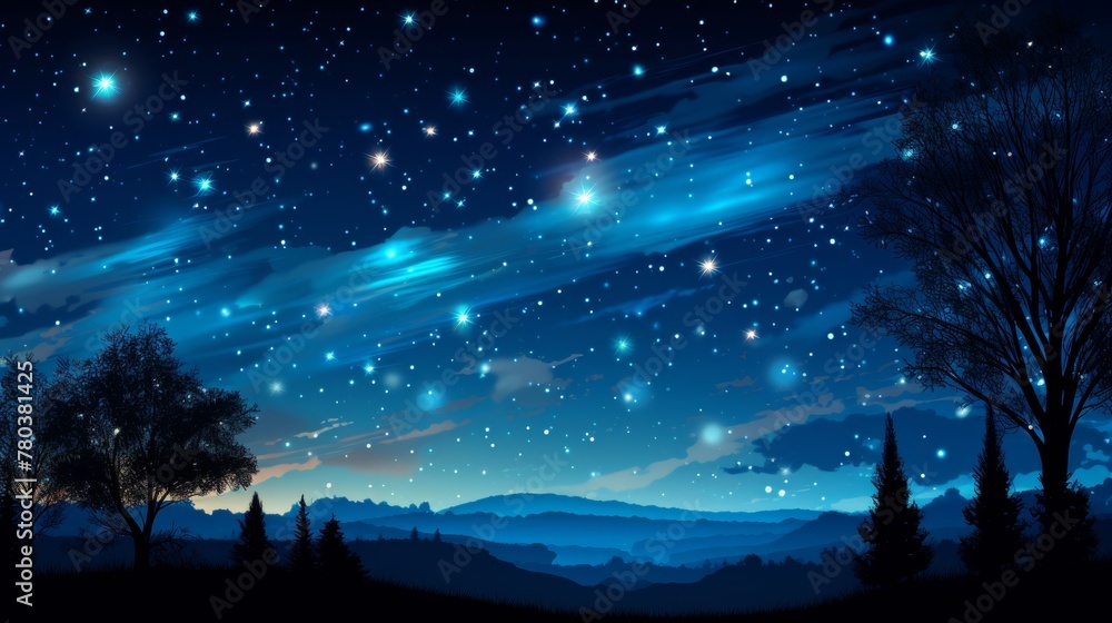 Shooting star lights up dark blue night sky with galaxy and falling meteorite illumination