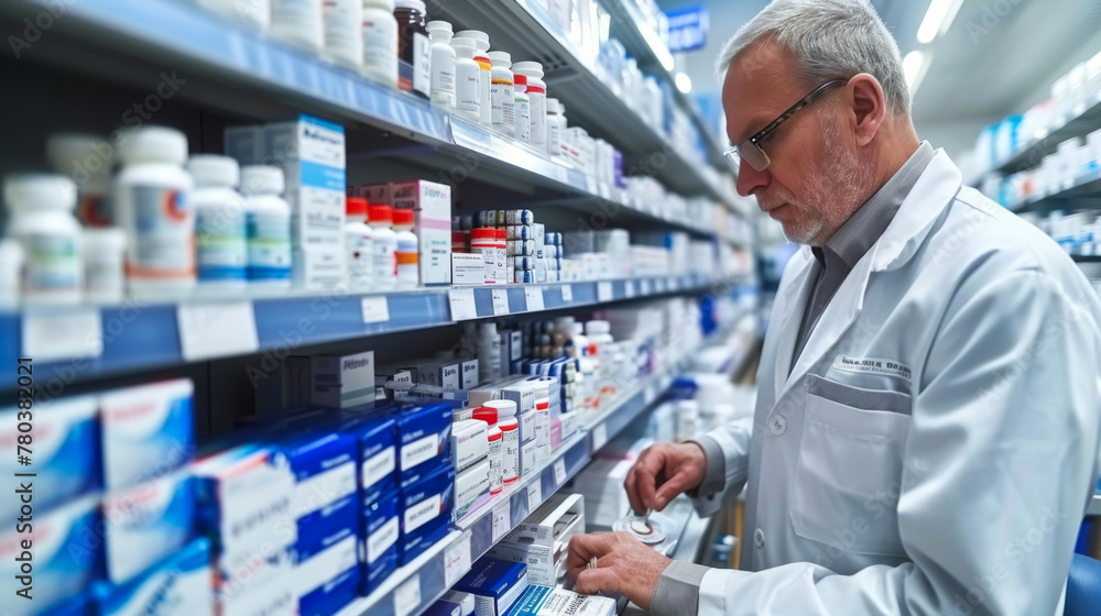 An experienced pharmacist working in a pharmacy selects pills for customers near the shelves with medicines. Medicine concept, pharmaceuticals.
