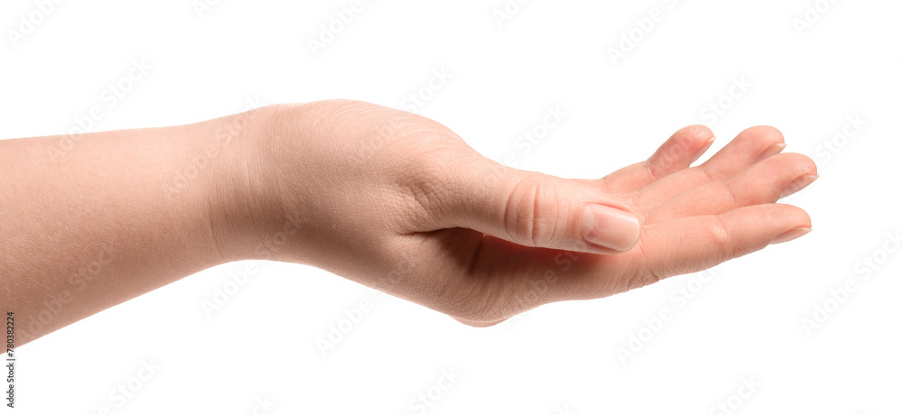 Woman holding something in her hand on white background, closeup Woman holding something in her hand on white background, closeup
