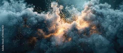 Explosion of particles and smoke on a dark background. 3d rendering,A vast expanse of space filled with countless stars shining brightly, creating a mesmerizing sight of the cosmic sky.  © PX Studio