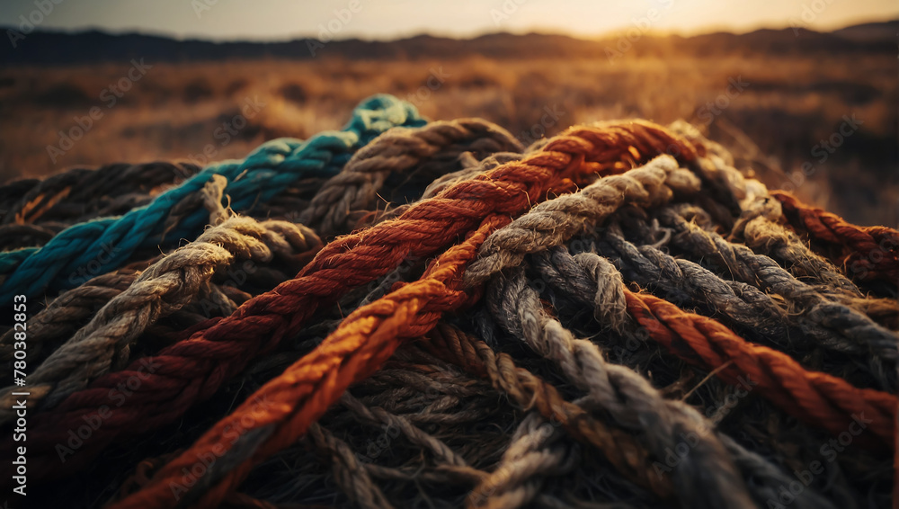 Many ropes laying on the ground with sunset light