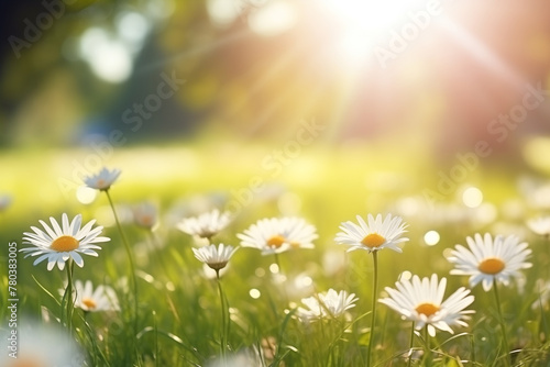 Field of daisies on morning light close up.