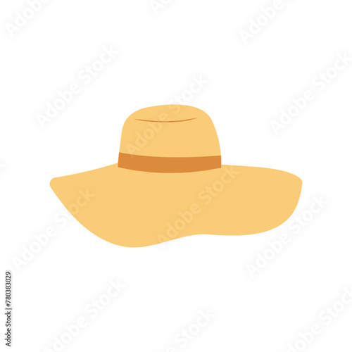 Straw sun hat vector illustration isolated. Flat hand drawn clip art of summer accessory with ribbon.