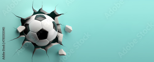 Banner, Illustration, Fussball durchbricht isoliert eine türkisfarbene Wand, dynamischer 3D Effekt