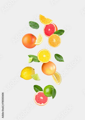Many different fresh citrus fruits in air on light background