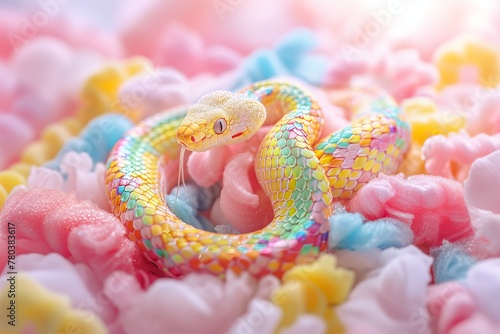 A vibrant colorful snake coiled among tufts of cotton candy bedding