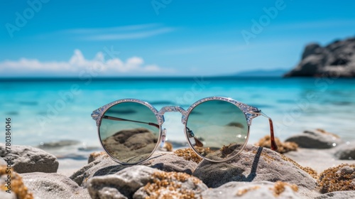 Sunglasses on the seashore, embodying the essence of summertime travel and vacation concept