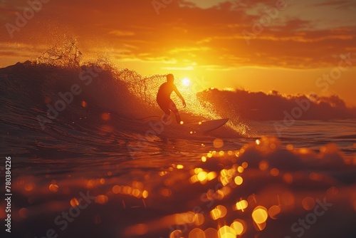 Surfer riding a wave at sunset, the water glistening with golden hues under the vibrant sky.