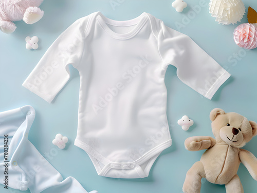 Blank white onesie mockup flat lay with bear plushie decorations.