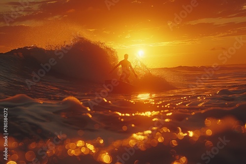 Surfer riding a wave at sunset, the water glistening with golden hues under the vibrant sky. © Good AI