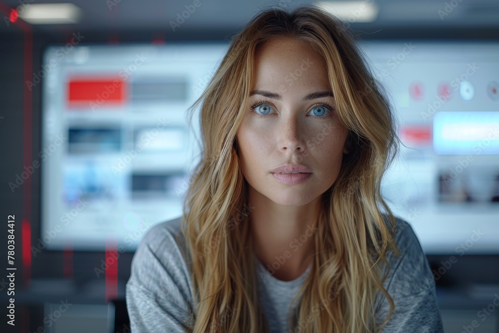 A focused professional woman with a backdrop of data-filled monitors, highlighting the merging of beauty and the digital age. A focused professional woman with a backdrop of data-filled monitors, highlighting the merging of beauty and the digital age.