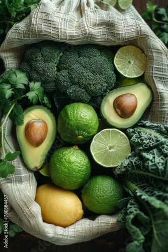 Fresh avocados and broccoli in a reusable net bag, encapsulating health-conscious and environmentally friendly shopping. photo
