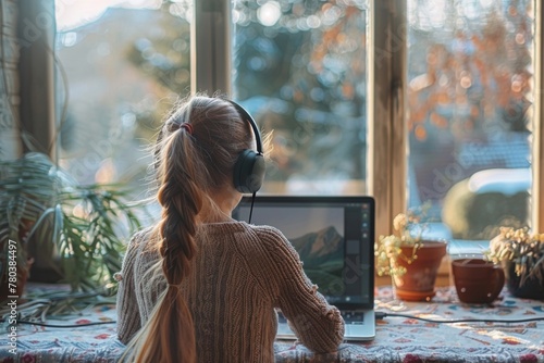 A young girl with headphones is engrossed in her laptop, showcasing the new era of digital learning from home. photo