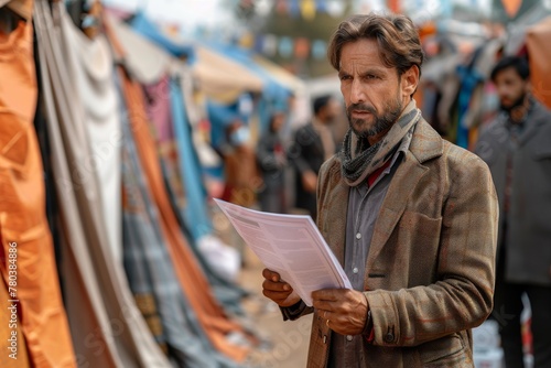 A man with a serious expression holds papers in a refugee camp, perhaps providing aid or assessing needs.