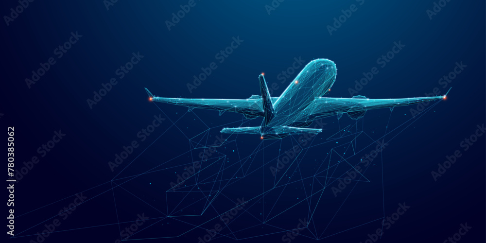 Abstract digital flight plane. The aircraft flies away into distance. Geometric polygonal airplane in the night sky. Airline technology background. Travel and Vacation concept. 3D Vector illustration. - obrazy, fototapety, plakaty 