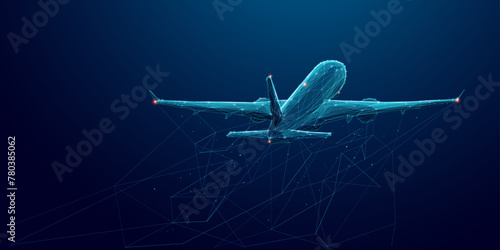 Abstract digital flight plane. The aircraft flies away into distance. Geometric polygonal airplane in the night sky. Airline technology background. Travel and Vacation concept. 3D Vector illustration.