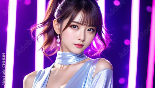 Beautiful and cute female model with shiny, stylish and colorful hair. Illuminated live stage background. 光沢のあるスタイリッシュでカラフルな髪を持つ美しくてかわいい女性モデル。ライトアップされたライブのステージ背景。