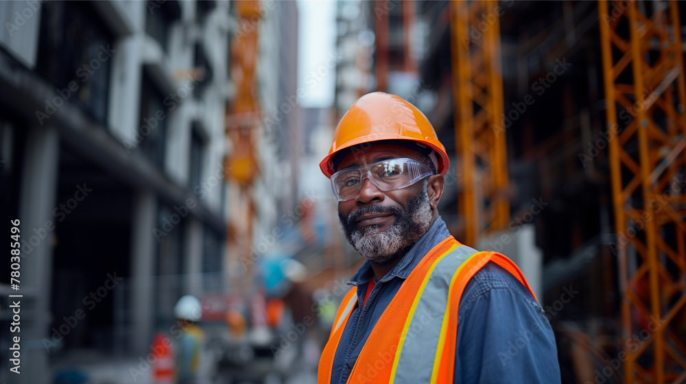 Portrait of a foreman or worker against the backdrop of a construction site. Construction site manager wearing a hard hat and safety vest. A satisfied manager looks at the camera. AI generative Portrait of a foreman or worker against the backdrop of a construction site. Construction site manager wearing a hard hat and safety vest. A satisfied manager looks at the camera. AI generative
