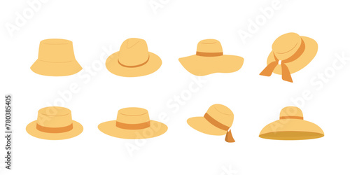Straw sun hats set vector illustration isolated. Different summer hats collection flat hand drawn.