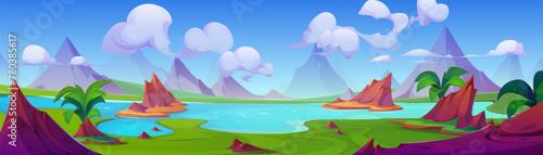 Tropic river and mountain nature background scene. Lake in summer valley with blue sky and beautiful rock environment cartoon panorama. Wild water stream and green grass abstract terrain backdrop