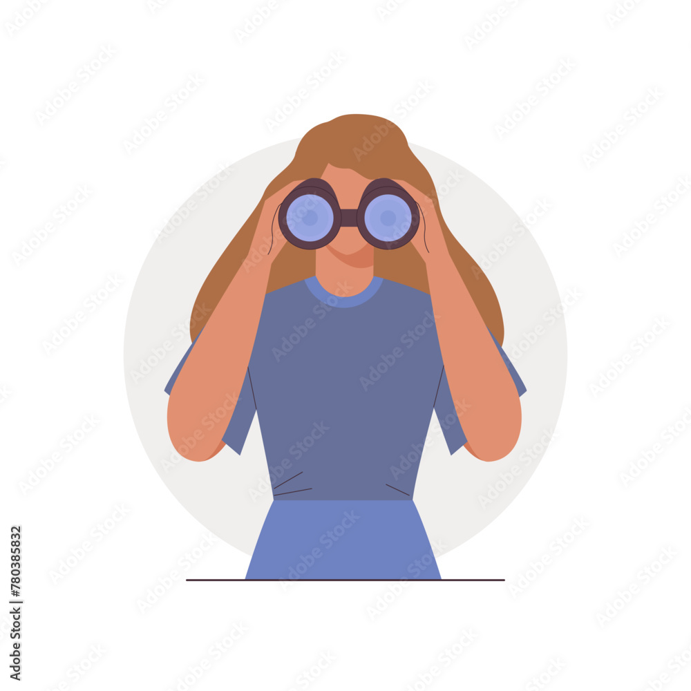 Naklejka premium Young woman looking through binoculars and looking for new business teams, ideas, goals, opportunities, employees or strategy