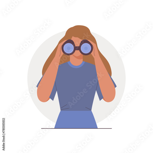 Young woman looking through binoculars and looking for new business teams, ideas, goals, opportunities, employees or strategy
