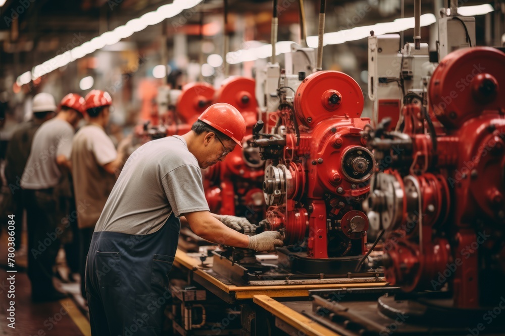 A man wearing protective gear working on a machine in a factory setting. He is focused on assembling parts and checking for any malfunctions. The industrial environment is busy and full of activity A man wearing protective gear working on a machine in a factory setting. He is focused on assembling parts and checking for any malfunctions. The industrial environment is busy and full of activity